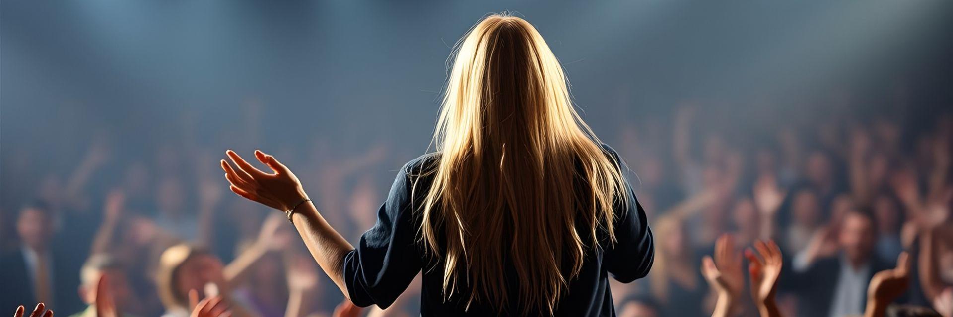 Sängerin Stephanie steht mit dem Rücken zur Kamera vor ihrem mitklatschenden Publikum auf einer Bühne